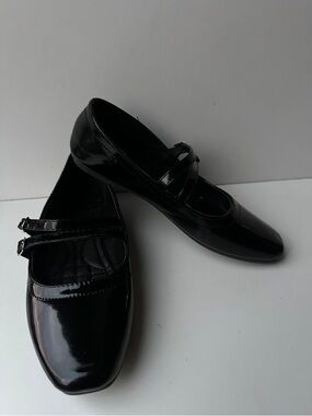 New Black Glossy Patent Flat Shoes Girls Double Strap Buckle Mary Janes Size 8